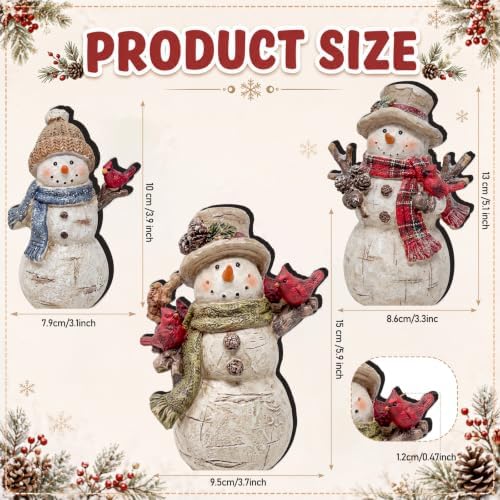 Suzile 3 Pcs Winter Snowman Cardinal Figures, Rustic Christmas Table Decor