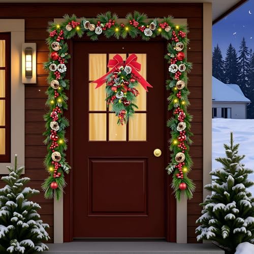 YULETIME 24" Christmas Teardrop Swag, Red Bowknot & Baubles 20 Fairy Lights