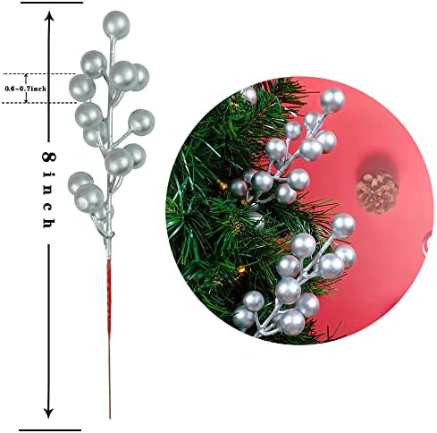 Artificial Berry, 24 pcs Christmas Berries Stems, Artificial Christmas Picks, Berries Stems for Xmas Tree Ornaments Wreath Decorations Home (Silver)