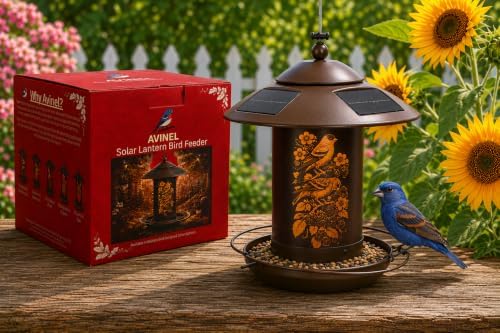 AVINEL Solar Lantern Bird Feeder – Solar-Powered Outdoor Hanging Wild Bird Feeder with Decorative Garden Lantern Design (Dark Brown, Goldfinch/BlackBerry)