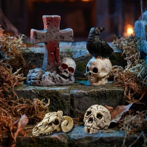 Suartus 30Pcs Halloween Miniatures Figurines, Mini Resin Tombstones Tiny Crow Animals Skull Head Figure Ornaments Halloween Garden Accessories for DIY Crafts Outdoor Home Village Graveyard Scene