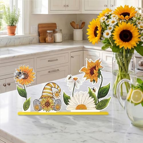 Smile Summer Indoor Decorations Wooden Decor, Sunflower Gnome, Sign for Home Tabletop Centerpiece Mantel Shelf Fireplace