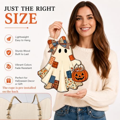Patchwork Ghost Wood Door Hanger, Halloween Pumpkin Basket Farmhouse Sign