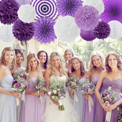 Lavender-Purple White Graduation Party Decorations - 20pcs Paper Lanterns Fans,Tissue Pom Poms,Honeycomb Balls,Birthday Wedding Bridal Baby Shower Engagement Bachelorette Decor Burgleda