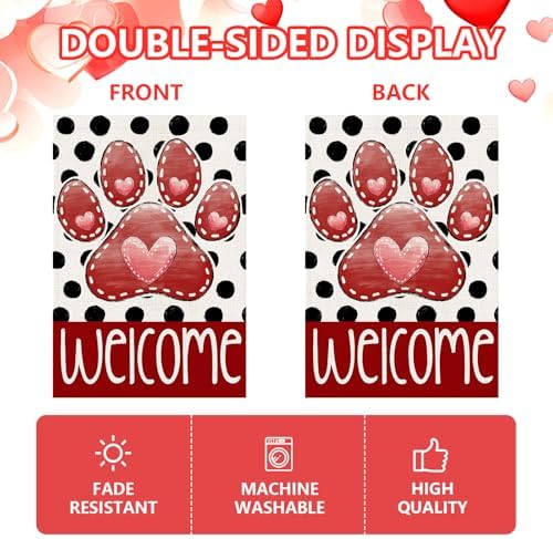Valentines Garden Flag 12x18 In, Paw Print Heart Double Sided Flag