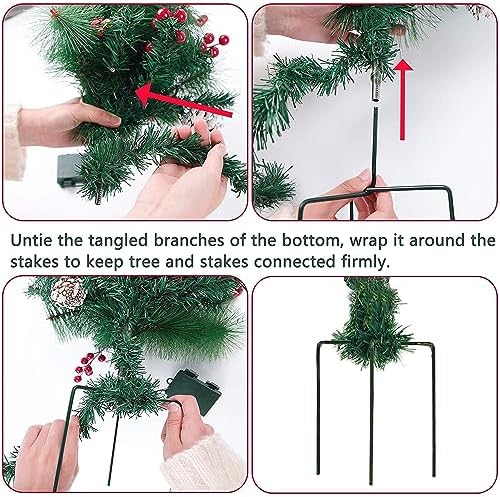 Glintoper Lighted Artificial Christmas Urn Filler, Pre-lit Xmas Pine Trees with Cones, Golden & Red Berries, Tripod Stake and 60 LED Lights, Outdoor Light Up Planter Filler Holiday Home Decor, 2 Pack