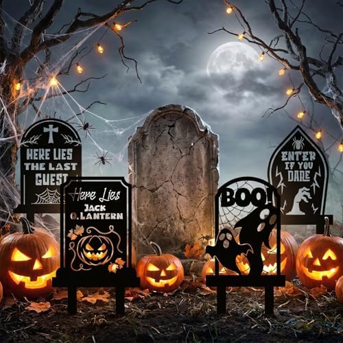 Rngmsi Halloween Yard Decorations Outdoor, 4PCS Halloween Outdoor Tombstone Yard Lawn Stakes, Gravestone Lawn Sign with Stakes Waterproof Halloween Garden Stakes for Outside Scary Spooky Decor