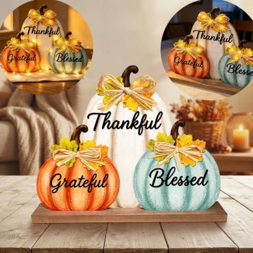 Fall Pumpkin Decor with LED Lights, Wooden Thanksgiving Table Sign "Blessed Grateful Thankful", Rustic Harvest Home Decoration for Living Room Mantle Office Desk Bedroom (Pumpkin)