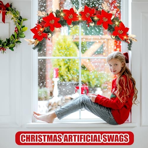 Norme 4 Pack 30 Inch Large Christmas Window Swags with Lights, Red