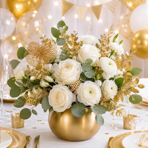 30 Pcs Gold Leaves Artificial Flowers Faux Branches Gold Flower Picks Fake Goldn Plants Foliage Stems for Wedding Picks Decor Centerpieces DIY Wreath Crafts Christmas Tree Filler