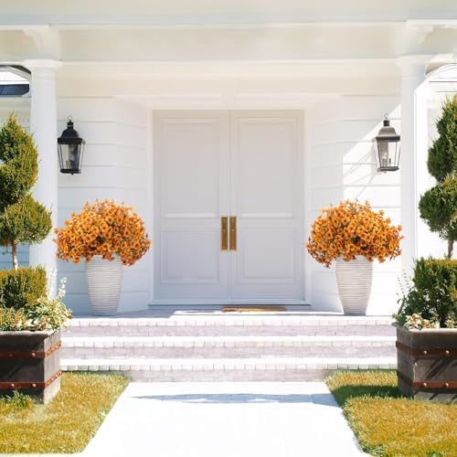 Grunyia 16 Bundles Artificial Fall Flowers UV Resistant Faux Greenery, All Weather Outdoor Autumn Decor for Thanksgiving Christmas Wedding Home Garden Fireplace Party Décor (Fall Orange Yellow)