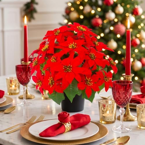 Daynight 2Pcs Christmas Artificial Poinsettias with Pot, 17.7"