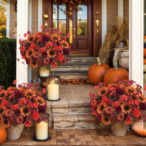 Mixed 5 Pcs Fall Artificial Sunflower Peony Bouquet, Burnt Orange Burgundy Silk Faux Flower, Autumn Faux Floral Arrangements for Wedding Table Centerpiece DIY Thanksgiving Farmhouse Outdoor Decor