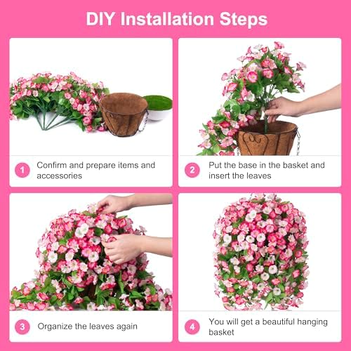 Artificial Flowers with Hanging Basket, Outdoor Faux Plants UV Resistant