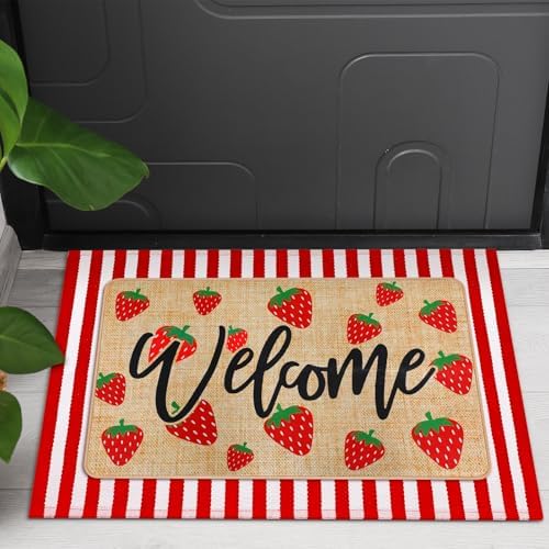 Tinideya 2 Pcs Strawberry Door Mat Set, Outdoor Welcome Front Mat