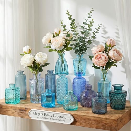 Set of 15 Blue Glass Bud Vases Small Textured Flower Vases