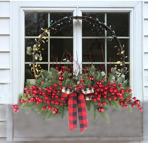 CITYES Christmas Swag Decoration Floral Swag with Berries and Ribbon Bows Christmas Balls 27.56 Inch Greenery Christmas Swag Xmas Door Swag for Front Door Festival Decor Wall Arch Window