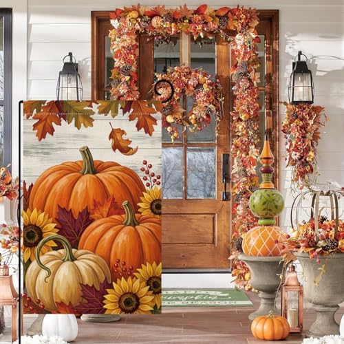 Fall Pumpkin Farmhouse Garden Flag 12x18 Sunflowers Maple Leaves Yard Decor