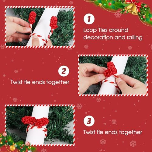 DIYASY Garland Ties for Staircase, 12 Pcs Red and White Decorative Banister Ties for Stairs Twist Ties Railing Wraps Reusable & Flexible Christmas Home Decorations