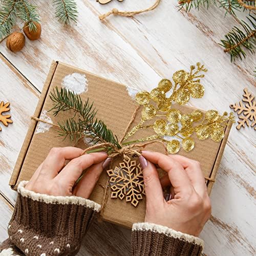 Sggvecsy 30Pcs Christmas Glitter Berries Stems Artificial Red Berry Branches Holly Picks Stems Christmas Tree Ornaments for DIY Xmas Wreath Crafts Gifts Holiday Home Decor (Gold)