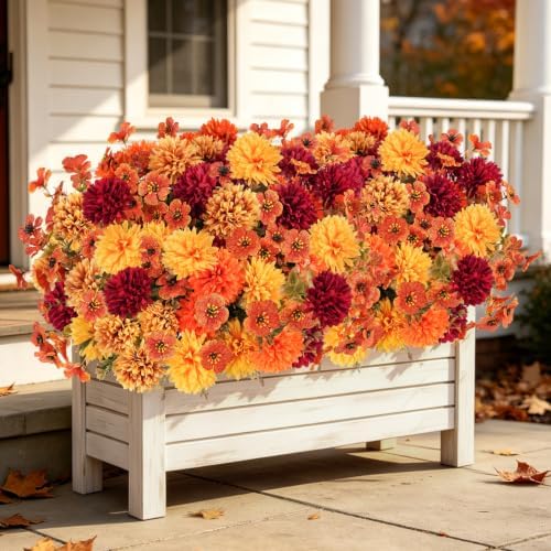 12 PCS Artificial Fall Flowers for Outdoors, UV Resistant Fake Mums