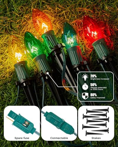 Christmas Pathway Lights Outdoor,51.4 Ft C9 Lights with 40 Multicolor Bulbs