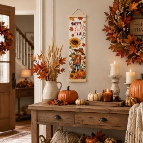 Happy Fall Banner, Scarecrow Sunflower Canvas Hanging Sign for Entryway