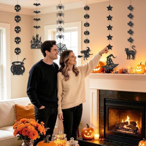 6Pcs Black Glitter Halloween Hanging Banner Halloween Decorations