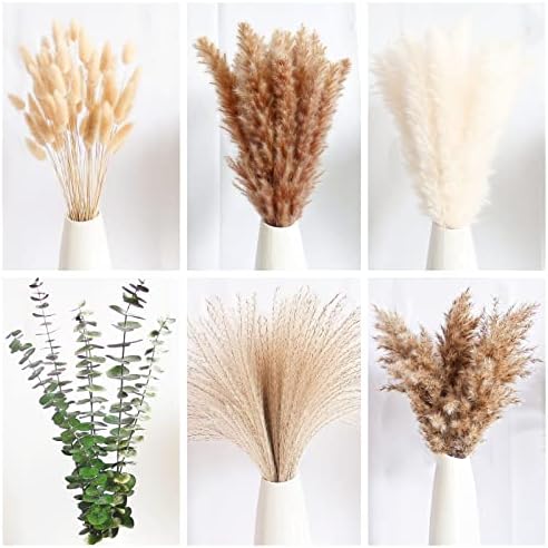 110 PCS of Boho Pampas Grass Decor, Naturally Dried Pompas, Bunny Tails Dried Flowers, and Dried Eucalyptus. Perfect for Weddings, Boho Party Decorations, and Table Decor. (Pack of 2)