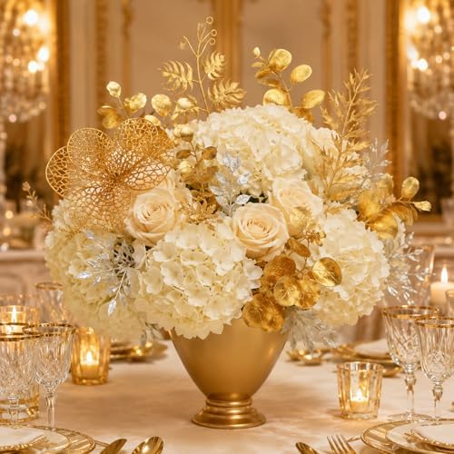 30 Pcs Gold Leaves Artificial Flowers Faux Branches Gold Flower Picks Fake Goldn Plants Foliage Stems for Wedding Picks Decor Centerpieces DIY Wreath Crafts Christmas Tree Filler