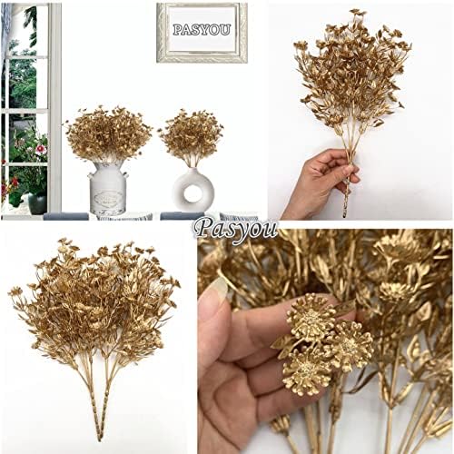 Artificial Plants for Christmas Decor, Plastic Golden Daisy leaves Faux Shrubs Simulation Flower Indoor Outdoor Home Garden Planter Filler Party Hotel Verandah Wedding DIY Decoration - Gold 2 Pack