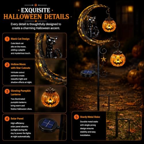 CRILEAL Solar Halloween Black Cat & Pumpkin Moon Garden Stake Light