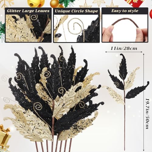 HyDren 10 Pcs Christmas Glitter Leaves Ornaments, Gold and Black