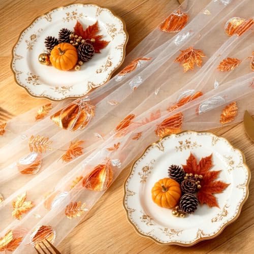 Fall Gauze Table Runner Glitter Pumpkins Maple Leaves Autumn Decor 120 Inch