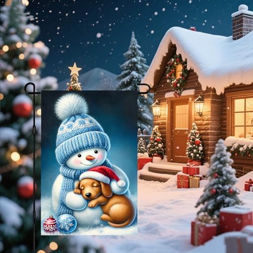 BlissYard Garden Flag Dachshund Snowman Winter 12x18 Inch Polyester