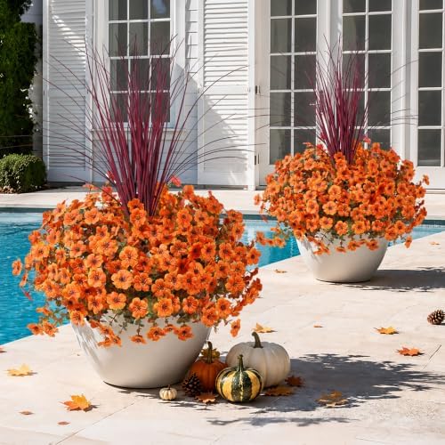 Ivydale Artificial Mums Flowers for Outdoors 12 Pcs + Burgundy Grass