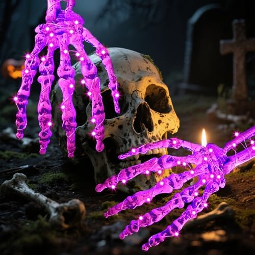Solar Skeleton Hand Lights 2 Pack, 100LED Purple Halloween Stakes