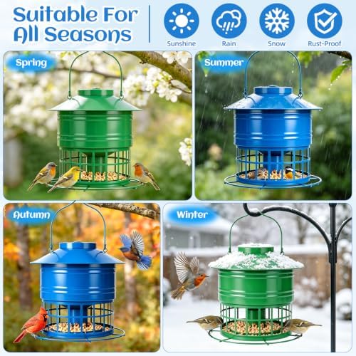 Bird Feeder for Outdoors, Squirrel Proof Bird Feeder for Outside 10LB Metal Caged Wild Bird Feeder with 32 Feeding Ports, Hanging Birdfeeder for Small Birds, Cardinals, Bluebirds, Finches (Blue)