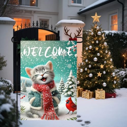 BlissYard Cat Snowflake Winter Garden Flag 12x18 Inch Polyester