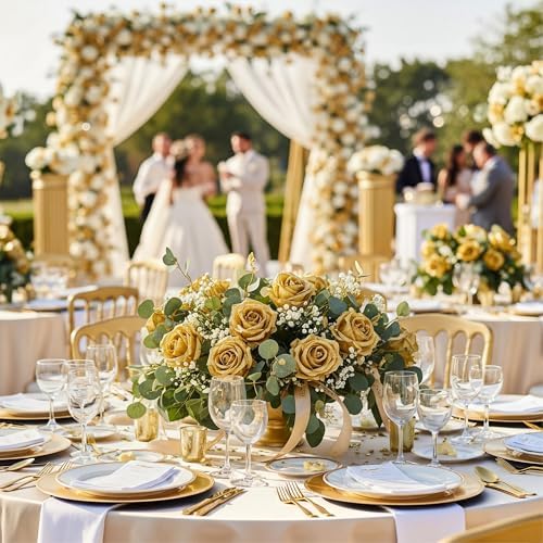Auihiay 104PCS Gold Rose Artificial Flowers, Fake Roses