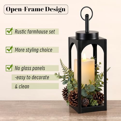 18" 13" Decorative Lanterns Set of 2, Black Outdoor Lanterns with Candles