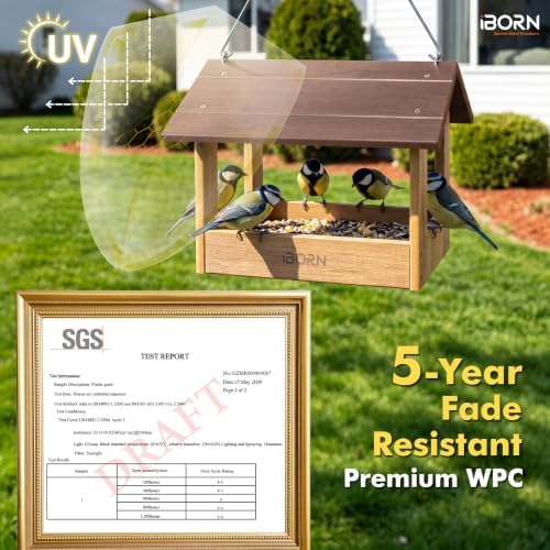 iBorn Pavilion Bird Feeder, Covered Platform Bird Feeder for Outdoors Hanging, WPC Recycled Plastic & Waterproof, Coffee