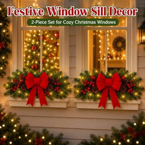 Yalikop 2 Pcs 24.5 Inch Christmas Swags with Light, Red Bow and Berry