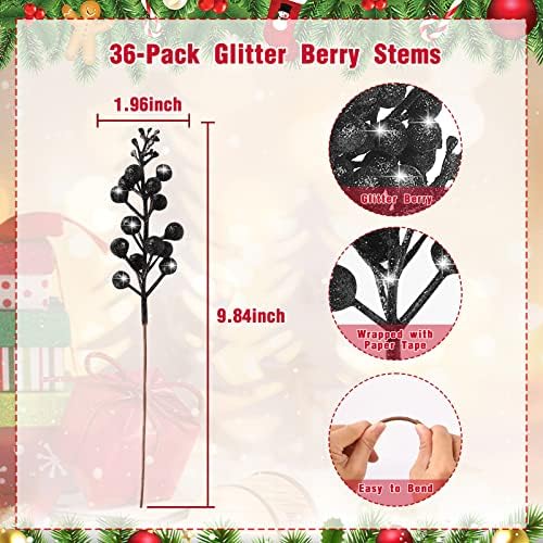 36Pcs Christmas Glitter Berry Stems, Black Artificial Christmas Tree Picks