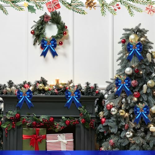 Syhood 6 Pcs Christmas Bows Xmas Velvet Bows Tree Decor, Blue
