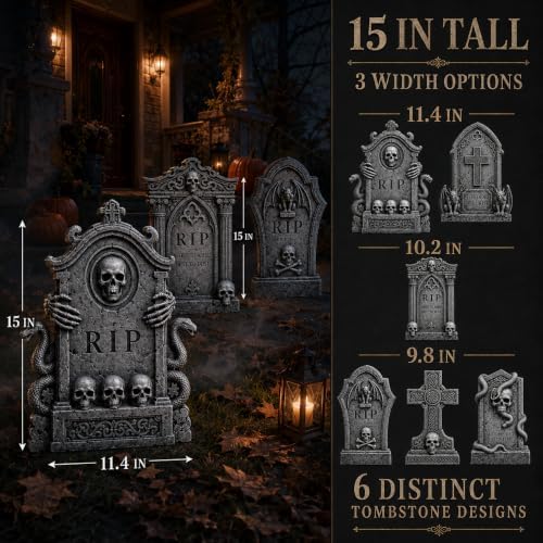 Graveyard Halloween Tombstones Decorations Outdoor: 6 Pcs Large Tombstone Halloween Yard Signs with Stakes, Realistic Scary Skeleton RIP Gravestones Lawn Cemetery Halloween Decor Front Lawn Garden Haunted House Props