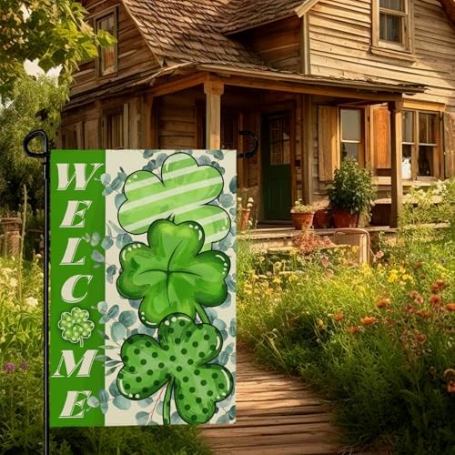 St Patricks Day Garden Flag 12x18 Inch Green Shamrock Garden Flags for Outside Welcome St.Patrick's Day Yard Flags Outdoor Holiday Decor for Graden Lawn Double Sided