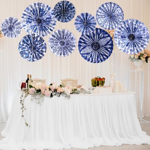 Dispowreath 9 Pcs Chinoiserie Paper Fans Blue and White Hanging Decor