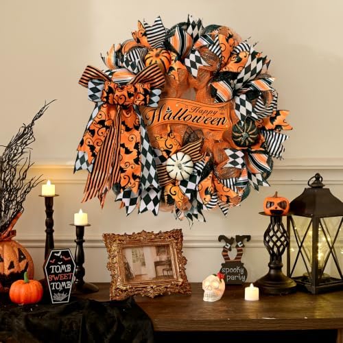 Halloween Wreaths for Front Door, Halloween Wreath with Ribbon Bow