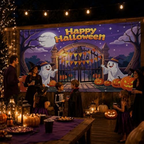 Halloween Garage Door Cover 7 x 16 ft, Ghost Gathering Banner